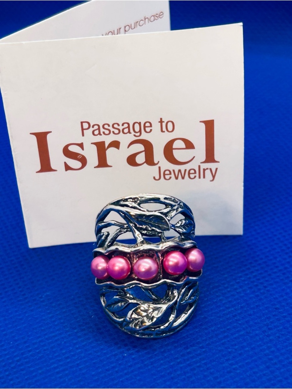 Passage to Israel Silver Leaf Ring with Pink Pearls